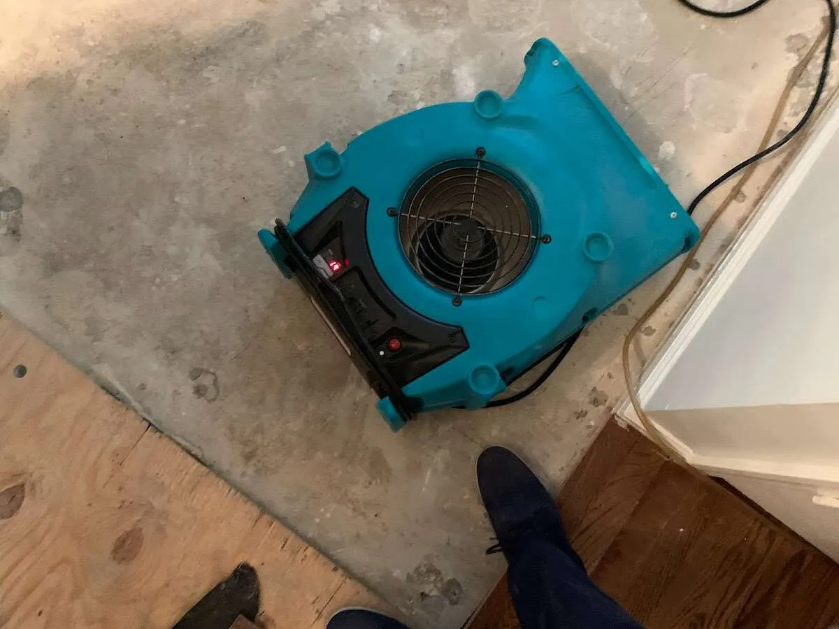 Air mover drying subfloor during Leak Detection & Repair in St. Marys